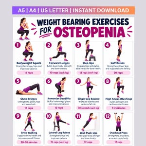 Pode incluir: Um gráfico digital intitulado Weight Bearing Exercises for Osteopenia apresentando doze ilustrações numeradas de uma pessoa com top roxo e leggings pretas realizando vários exercícios físicos com descrições e contagem de repetições.