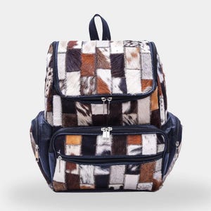 Patchwork Leather Backpack, Hair on Hide Cowhide Bag, Gift for Travelers