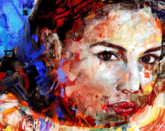 Monica Bellucci-tryck, konstgiclée av författaren, porträtt av italiensk skådespelerska, modern expressionistisk målning, koboltblå väggkonst för salong