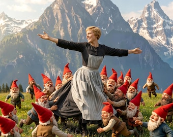 Paroditryck med Sound of Music, Fine Art Giclée av författaren, Roliga trädgårdstomtar-affisch, Julie Andrews alpin väggkonst, Digital dekor av kultfilm