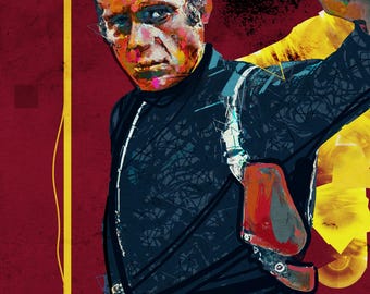Steve McQueen-tryck, Fine Art Giclée av författaren, kungen av cool porträttmålning, klassisk filmväggkonst, filmälskarens present