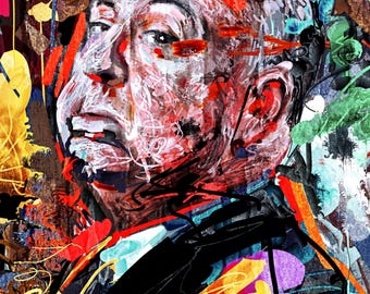 Alfred Hitchcock-tryck, konstgiclée av författaren, porträtt av klassisk thrillerregissör, ​​gåva av filmfantast, filmiskt expressionistiskt konstverk