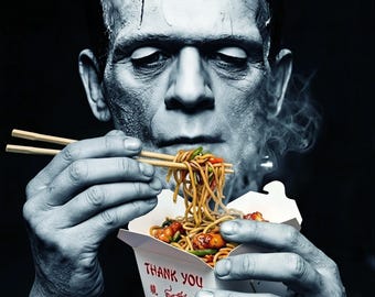 Frankenstein äter nudlar, konstgiclée av författaren, rolig monsterfilmaffisch, kinesisk popkonst för avhämtning, köksväggdekor