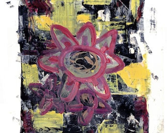 Abstrakt blommig konsttryck, expressionistisk blommålning av författaren, modern vibrerande röd och gul texturerad väggkonst för vardagsrum