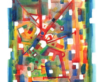 Abstrakt geometrisk akvarelltryck, konstgiclée av författaren, färgglada primärfärger väggkonst för vardagsrum, modern strukturell poster