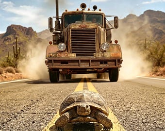 Spielberg Duel Digital Konst, Fine Art Giclée av författaren, AI-koncept Peterbilt Truck-affisch, Rolig ökensköldpadda-tryck, Kultfilmdekor