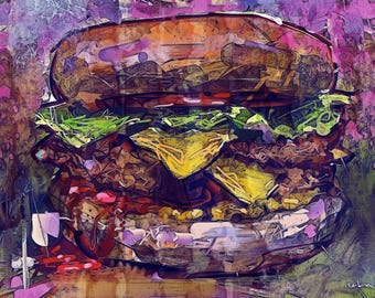 Burger Generation-tryck, Fine Art Giclée av författaren, modern popkonstbild, modern köksväggdekor, unik matgåva