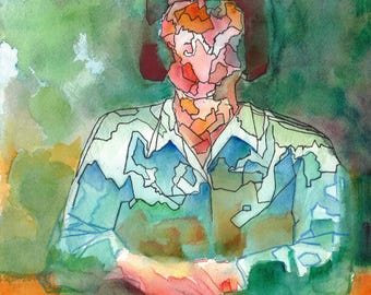Abstrakt akvarellporträtt, konstgiclée av författaren, expressionistisk kvinnlig silhuett, modern figurativ väggkonst för vardagsrum