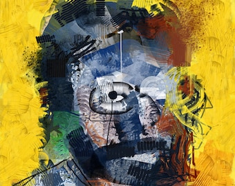 Abstrakt porträttkonsttryck, expressionistisk digital målning av författaren, modern vibrerande ansiktssilhuett, gul väggkonst för vardagsrum