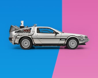 DeLorean Tillbaka till framtiden konsttryck, retro 80-talsbil, synthwave pop väggkonst för vardagsrum, modern giclée konst filmdekor
