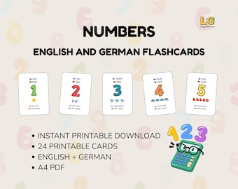 Puede incluir: Un conjunto de tarjetas educativas titulado NUMBERS ENGLISH AND GERMAN FLASHCARDS. Cinco tarjetas blancas muestran los números del uno al cinco con texto en inglés y alemán, ilustraciones y un personaje de calculadora verde.