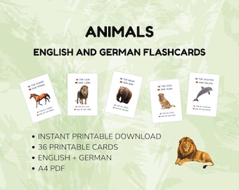 Puede incluir: Un conjunto de 36 tarjetas educativas imprimibles sobre animales con texto en inglés y alemán. Las tarjetas muestran imágenes de un caballo, león, oso, perro y delfín con sus nombres y frases en ambos idiomas. El título dice ANIMALS ENGLISH AND GERMAN FLASHCARDS.