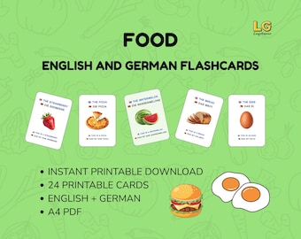 Puede incluir: Un conjunto de tarjetas educativas con alimentos y texto en inglés y alemán. Las tarjetas muestran ilustraciones de una fresa, pizza, sandía, pan y un huevo. El fondo es de color verde claro con un patrón sutil de alimentos.