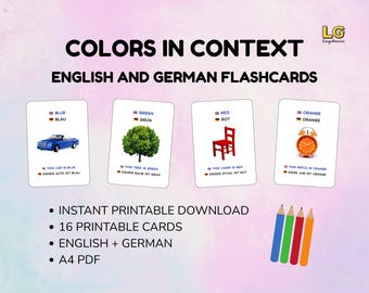 Puede incluir: Tarjetas educativas tituladas COLORS IN CONTEXT ENGLISH AND GERMAN FLASHCARDS. Cuatro tarjetas muestran un coche azul, un árbol verde, una silla roja y un reloj naranja con texto en inglés y alemán. Incluye cuatro lápices de colores y el texto: INSTANT PRINTABLE DOWNLOAD, 16 PRINTABLE CARDS, ENGLISH + GERMAN, A4 PDF.