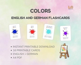 Puede incluir: Un conjunto de tarjetas didácticas en inglés y alemán con nombres de colores y manchas de pintura. Las tarjetas muestran manchas de tinta azul, roja, turquesa y morada con texto. Incluye un gráfico de un pequeño caballete y el texto: COLORS ENGLISH AND GERMAN FLASHCARDS.