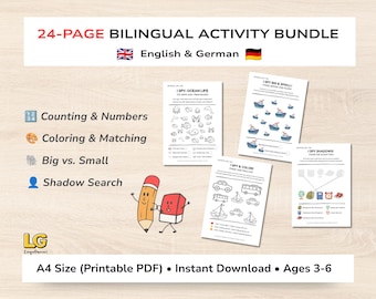 Puede incluir: Un paquete de actividades bilingüe en inglés y alemán de 24 páginas en tamaño A4. El PDF imprimible incluye hojas de trabajo para contar, números, colorear, emparejar, grande frente a pequeño y búsqueda de sombras. Personajes de lápiz y goma.