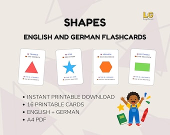 Puede incluir: Un conjunto de 16 tarjetas educativas imprimibles en inglés y alemán tituladas SHAPES, que muestran cuatro tarjetas con un triángulo rojo, estrella azul, hexágono naranja y rectángulo verde, junto a una ilustración infantil.