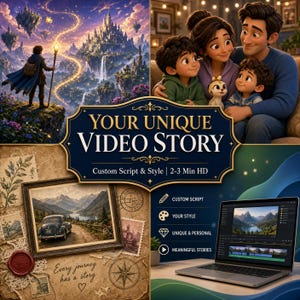 Peut inclure: Un collage numérique présentant un paysage fantastique avec un château, un portrait de famille et un ordinateur portable affichant un logiciel de montage vidéo. Le texte central indique YOUR UNIQUE VIDEO STORY, Custom Script & Style | 2-3 Min HD.