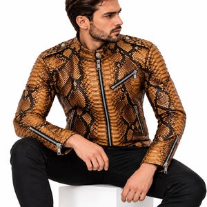 K&ouml;nnte beinhalten: Eine braun-schwarze Lederjacke mit Schlangenledermuster, Stehkragen mit Druckknopf, zentralem silbernem Rei&szlig;verschluss, zwei schr&auml;gen Brusttaschen mit silbernen Rei&szlig;verschl&uuml;ssen und Rei&szlig;verschl&uuml;ssen an den &Auml;rmelb&uuml;ndchen.
