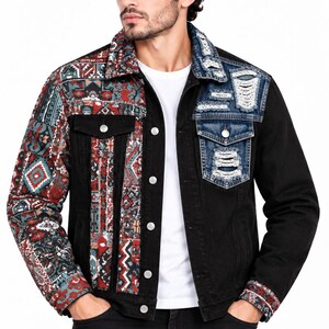 Men's Aztec Patchwork Denim Jacket | Distressed Bohemian Trucker Coat