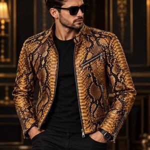 Snakeskin Leather Jacket | Men's Python Moto Coat | Tan Brown Biker Outerwear