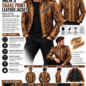 K&ouml;nnte beinhalten: Eine braun-schwarze Lederjacke mit Schlangenmuster, Stehkragen, Frontrei&szlig;verschluss, Rei&szlig;verschlusstaschen an Brust und Seiten sowie langen &Auml;rmeln mit Rei&szlig;verschlussb&uuml;ndchen. Die Jacke ist in Vorder-, R&uuml;ck-, Seiten- und offener Ansicht dargestellt.