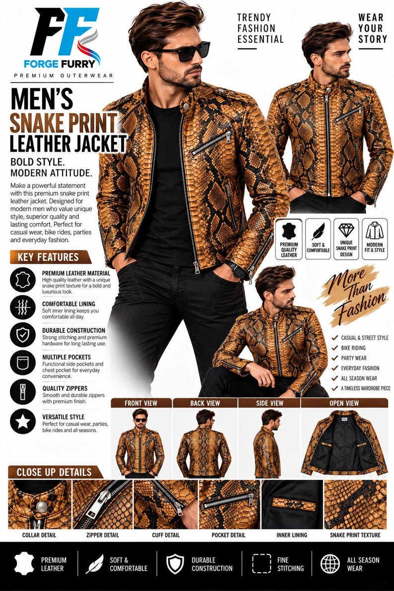K&ouml;nnte beinhalten: Eine braun-schwarze Lederjacke mit Schlangenmuster, Stehkragen, Frontrei&szlig;verschluss, Rei&szlig;verschlusstaschen an Brust und Seiten sowie langen &Auml;rmeln mit Rei&szlig;verschlussb&uuml;ndchen. Die Jacke ist in Vorder-, R&uuml;ck-, Seiten- und offener Ansicht dargestellt.