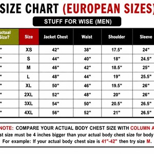 K&ouml;nnte beinhalten: Eine Gr&ouml;&szlig;entabelle mit der &Uuml;berschrift SIZE CHART (EUROPEAN SIZES) und STUFF FOR WISE. Die Tabelle listet K&ouml;rperbrustumf&auml;nge in Zoll sowie Ma&szlig;e f&uuml;r Jackenbrust, Taille, Schulter, &Auml;rmel und L&auml;nge f&uuml;r die Gr&ouml;&szlig;en XS bis 4XL auf.