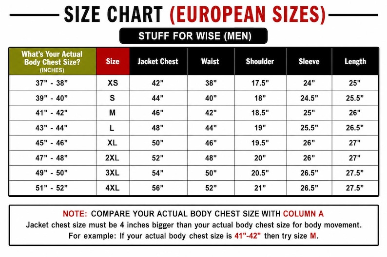 K&ouml;nnte beinhalten: Eine Gr&ouml;&szlig;entabelle mit der &Uuml;berschrift SIZE CHART (EUROPEAN SIZES) und STUFF FOR WISE. Die Tabelle listet K&ouml;rperbrustumf&auml;nge in Zoll sowie Ma&szlig;e f&uuml;r Jackenbrust, Taille, Schulter, &Auml;rmel und L&auml;nge f&uuml;r die Gr&ouml;&szlig;en XS bis 4XL auf.