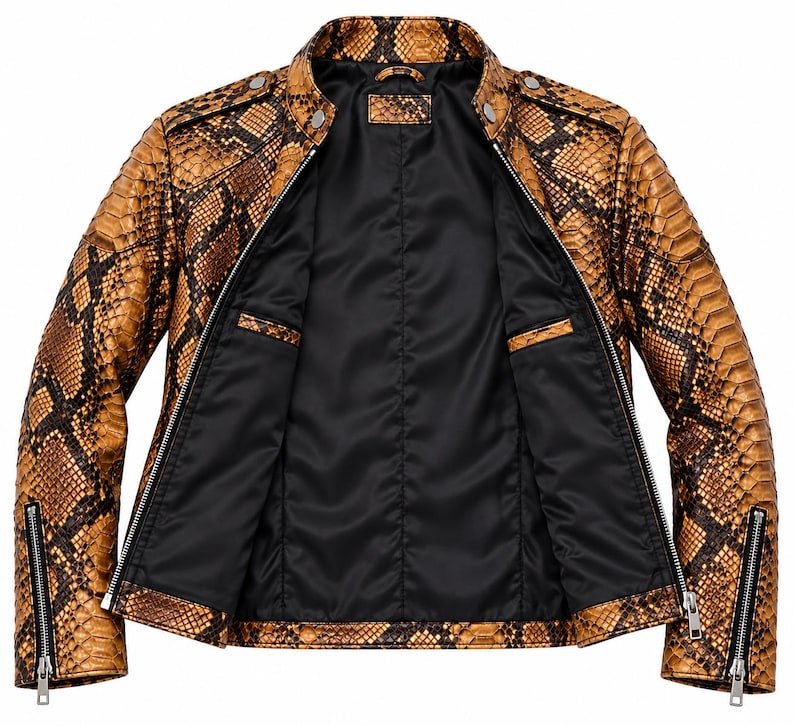 K&ouml;nnte beinhalten: Eine Jacke mit braun-schwarzem Schlangenledermuster, Stehkragen, silberfarbenen Metallrei&szlig;verschl&uuml;ssen an der Vorderseite und an den &Auml;rmelb&uuml;ndchen, Schulterklappen mit silbernen Druckkn&ouml;pfen und einem einfarbig schwarzen Innenfutter.