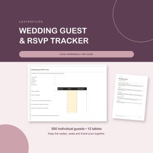 Spreadsheet voor de gastenlijst van de bruiloft in Excel, RSVP-tracker, tafelindeling en bedanklijst.