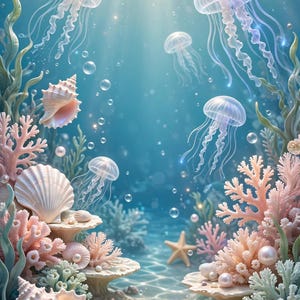 Könnte beinhalten: Eine Unterwasserszene mit durchscheinenden Quallen, die in blauem Wasser unter einfallenden Lichtstrahlen schwimmen. Der sandige Meeresboden ist mit verschiedenen weißen und rosafarbenen Muscheln, verzweigten Korallen, kleinen Seesternen und Perlen bedeckt.