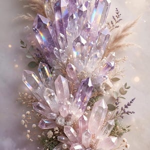 Könnte beinhalten: Ein Cluster aus irisierenden violetten und klaren Quarzkristallen, arrangiert mit getrocknetem Pampasgras, kleinen weißen Blüten und winzigen Perlen. Die spitzen Kristallformationen zeigen reflektierende Oberflächen mit sanften Lavendeltönen.