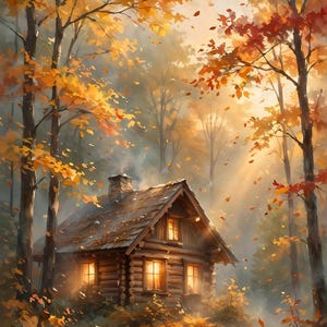 Könnte beinhalten: Eine rustikale Blockhütte in einem dichten Wald während des Herbstes. Das Holzgebäude verfügt über einen Schornstein mit leichtem Rauch, leuchtende Fenster und ein Giebeldach. Orangefarbene und gelbe Blätter fallen durch die neblige Luft.