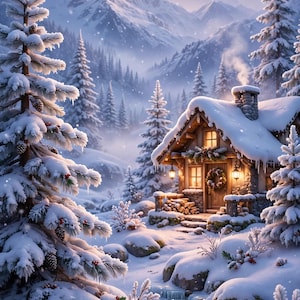 May include: A snow-covered wooden cabin nestled in a winter mountain landscape with pine trees, a stone chimney emitting smoke, a glowing front door with a wreath, and a frozen stream in the foreground under a vibrant aurora borealis sky.