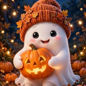 May include: A small white ghost figure with a smiling face and pink cheeks, wearing a chunky orange knit beanie decorated with autumn leaves. The ghost is holding a glowing orange jack-o'-lantern pumpkin in its hands, surrounded by fallen leaves.