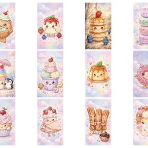 Kawaii Desserts Pack, 12 söta sötsaker bakgrundsbilder för telefonen, pastellfärgade mat estetiska bakgrunder