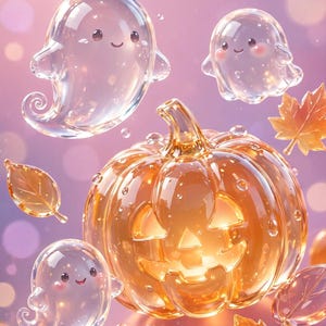May include: A glowing orange glass jack-o'-lantern pumpkin surrounded by three translucent, smiling glass ghosts and several floating, clear orange autumn leaves against a soft, light purple background with bokeh light effects.