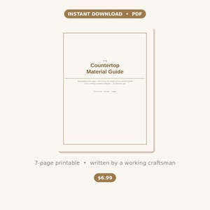 Może przedstawiać: Cyfrowy dokument zatytułowany The Countertop Material Guide, prezentowany jako 7-stronicowy plik PDF do druku. Okładka zawiera brązowy tekst na jasnym tle, w tym frazę Instant Download oraz informacje o zakresach cenowych.