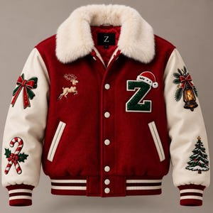 Men's Christmas Varsity Jacket, Red & Cream Holiday Bomber, Faux Fur Collar, Snap Button Closure