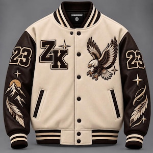 Men's Cream & Black Eagle Graphic Varsity Jacket, Leather Sleeve Bomber