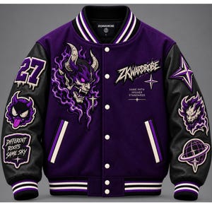 Men's Purple Cow Leather Sleeve Varsity Jacket, Embroidered Graphic Bomber Style