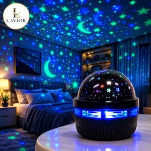 May include: A black dome-shaped night light projector with a circular base and blue light accents. The device projects a vibrant pattern of glowing green and blue stars and crescent moons onto the ceiling and walls of a bedroom.