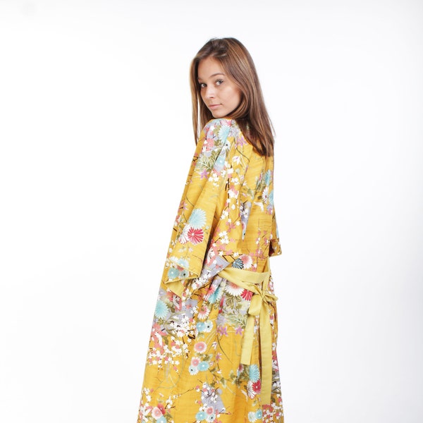 Kimono  Robe Street Fashion, Organic Silk Cotton robe long, Yellow White Flowers Print Long Kimono,Japanese Robe, Luxury Robe.