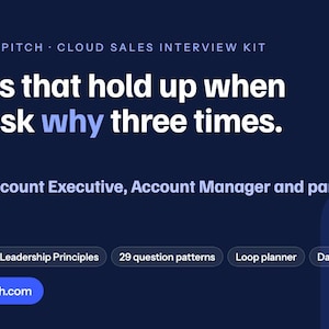Könnte beinhalten: Eine dunkelblaue digitale Grafik mit dem Titel Principled Pitch Cloud Sales Interview Kit. Sie enthält den Text Stories that hold up when they ask why three times sowie eine Auflistung von 5 modules, 16 Leadership Principles, 29 question patterns, einem Loop planner und einem Day-of cheat sheet.