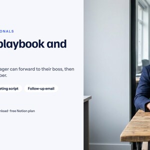 Könnte beinhalten: Eine digitale Produktwerbung für eine Notion-Vorlage namens Pay rise playbook and wins log. Der Text enthält Principled Pitch, For sales professionals und listet Funktionen wie Wins log tracker, Meeting script und Follow-up email auf.
