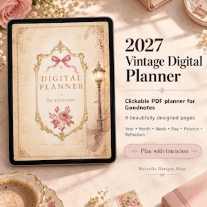 Könnte beinhalten: Ein Tablet zeigt einen digitalen Vintage-Planer für 2027 mit einer rosa Schleife, einer Rosenillustration und einer Straßenlaterne. Der Text umfasst 2027 Vintage Digital Planner, Clickable PDF planner for Goodnotes, 9 beautifully designed pages und Plan with intention.