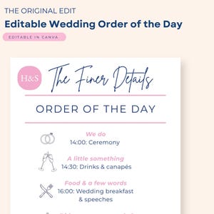 May include: A white wedding order of the day sign featuring dark blue and pink text. The header reads The Finer Details and ORDER OF THE DAY. It lists events including 14:00 Ceremony, 14:30 Drinks & canapés, and 16:00 Wedding breakfast & speeches.