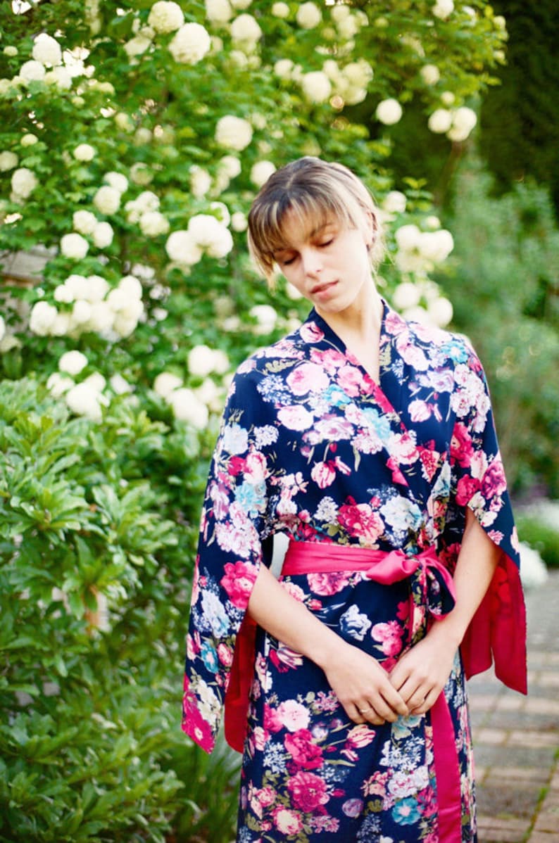 One custom black long Haiku robe in faux silk crepe with pockets Vintage Bohemian Boudoir Pinup Kimono Femme Fatale Tall Women Gift for her