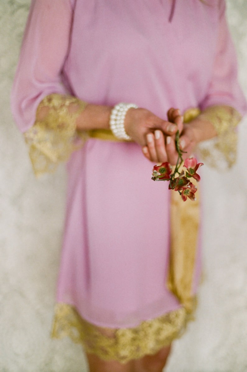 Bridal lace robe Blush pink robe Blush pink and Gold One custom elegant lace trimmed chiffon robe Long chiffon robe.